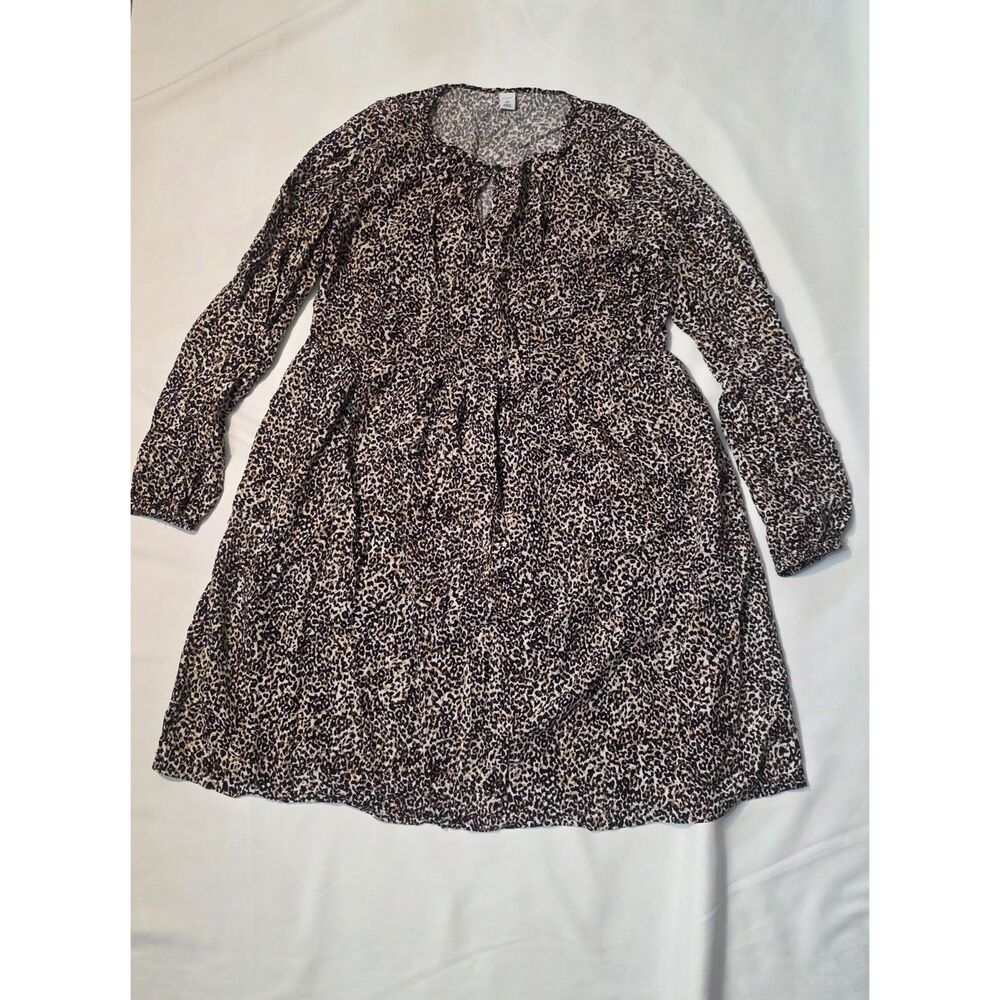 Old Navy Small Tall Leopard Print Long Sleeve Keyhole Smocked Waist Mini Dress